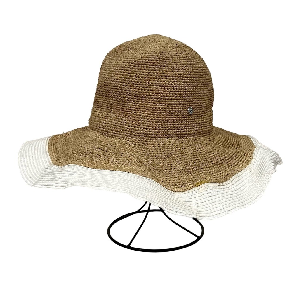 Flora Bella Straw Hat Beige White Floppy Wide Brim Women’s